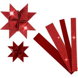 Stjernestrimler, L: 44+78 cm, B: 15+25 mm, dia. 6,5+11,5 cm, glitter,lakk, rød, 40 strimler/ 1 pk.