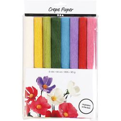 Kreppapir, ark 25x60 cm, Strekk-/krep: 180%, 105 g, standardfarger, 8 ark/ 1 pk.