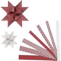 Stjernestrimler, L: 44+78 cm, B: 15+25 mm, dia. 6,5+11,5 cm, rød, hvit, 60 strimler/ 1 pk.