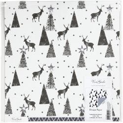 Designpapir, hjort & mønster, 180 g, svart, sølv, hvit, 3 ark/ 1 pk.