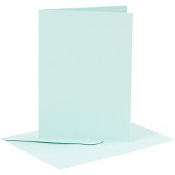 Kort og konvolutter, kort str. 10,5x15 cm, konvolutt str. 11,5x16,5 cm, 110+220 g, lys blå, 6 sett/ 1 pk.