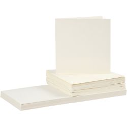 Kort og konvolutter, kort str. 15x15 cm, konvolutt str. 16x16 cm, 110+220 g, råhvit, 50 sett/ 1 pk.