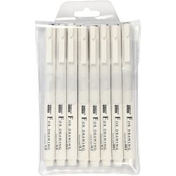 Fine Line skrive/tegnetusj, strek 0,03+0,05+0,1+0,2+0,3+0,5+0,8+1,0 mm, svart, 8 stk./ 1 pk.