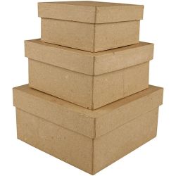 Kvadratiske esker, H: 5+6+7,5 cm, str. 10+12,5+15 cm, 3 stk./ 1 sett