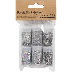 Biologisk nedbrytbart glitter og paljetter, sølv, 6x7 ml/ 1 pk.