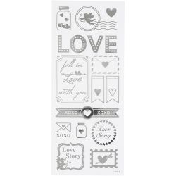 Stickers, love, ark 10x24 cm, sølv, 1 ark