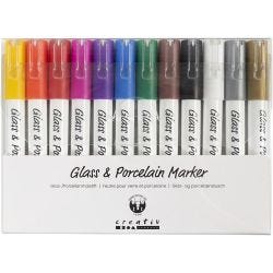 Glass- og porselenstusj, strek 1-2 mm, semi opaque, ass. farger, 12 stk./ 1 pk.