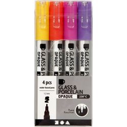 Glas- & Porseleinstiften, lijndikte 1-2 mm, semi-dekkend, oranje, paars, lichtrood, geel, 4 stuk/ 1 doos