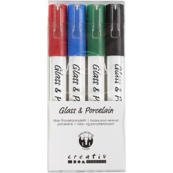 Glass- og porselenstusj, strek 1-2 mm, semi opaque, svart, blå, grønn, rød, 4 stk./ 1 pk.