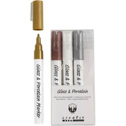 Glass- og porselenstusj, strek 1-2 mm, semi opaque, brun, gull, sølv, hvit, 4 stk./ 1 pk.