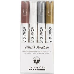 Glass- og porselenstusj, strek 1-2 mm, semi opaque, brun, gull, sølv, hvit, 4 stk./ 1 pk.