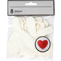 Ballonger, hjerter, hvit, 8 stk./ 1 pk.