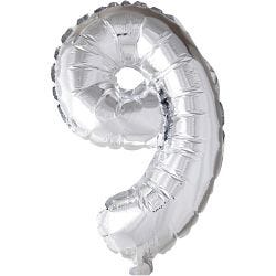 Folieballong, 9, H: 41 cm, sølv, 1 stk.