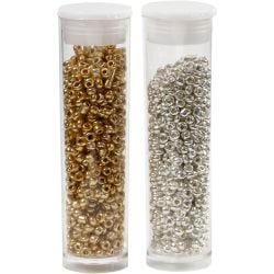 Rocaillesperler, dia. 1,7 mm, str. 15/0, hullstr. 0,5-0,8 mm, gull, sølv, 2x7 g/ 1 pk.
