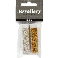 Rocaillesperler, dia. 1,7 mm, str. 15/0, hullstr. 0,5-0,8 mm, gull, sølv, 2x7 g/ 1 pk.