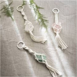 Mini DIY Kit Makramè, Nøkkelringer, matt transparent, støvete grønn, støvete rosa, lys natur, 1 pk.