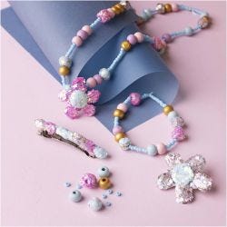 Mini DIY Kit Smykker, Halskjede, armbånd, klemmer, brosje, blå, lys blå, pastellpink, 1 pk.