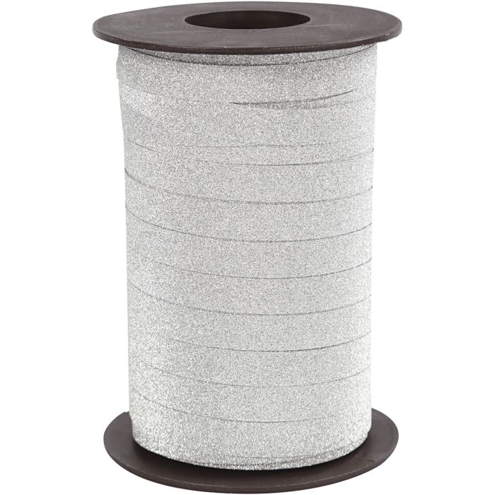 Gavebånd, B: 10 mm, glitter, sølv, 100 m/ 1 pk.