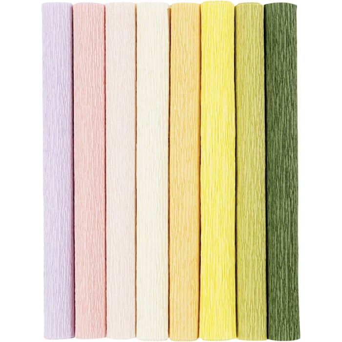 Kreppapir, ark 25x60 cm, Strekk-/krep: 180%, 105 g, pastellfarger, 8 ark/ 1 pk.