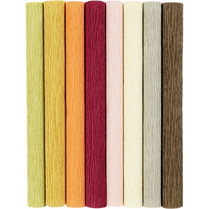 Kreppapir, ark 25x60 cm, Strekk-/krep: 180%, 105 g, douche farger, 8 ark/ 1 pk.