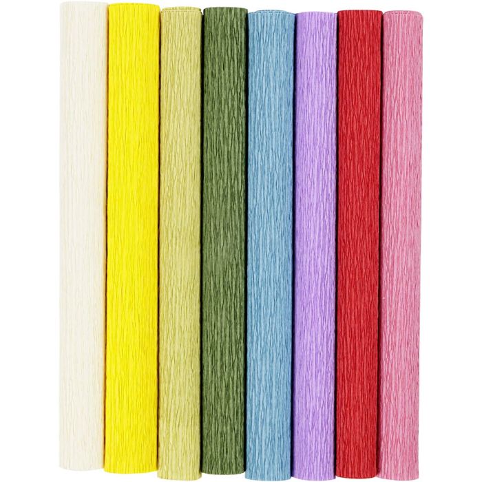 Kreppapir, ark 25x60 cm, Strekk-/krep: 180%, 105 g, standardfarger, 8 ark/ 1 pk.