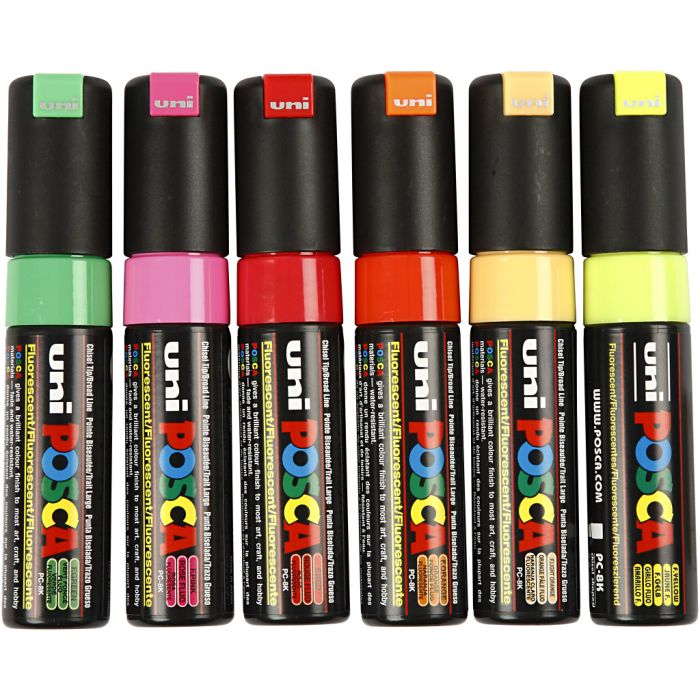 Posca Marker, nr. PC-8K, strek 8 mm, bred, semi opaque, ass. farger, 6 stk./ 1 pk.