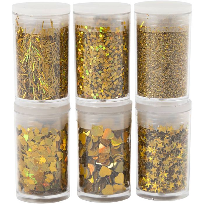 Biologisk nedbrytbart glitter og paljetter, gull, 6x7 ml/ 1 pk.