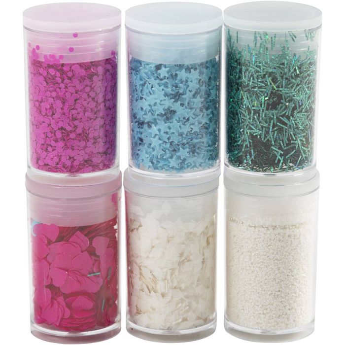 Biologisk nedbrytbart glitter og paljetter, pastellfarger, 6x7 ml/ 1 pk.
