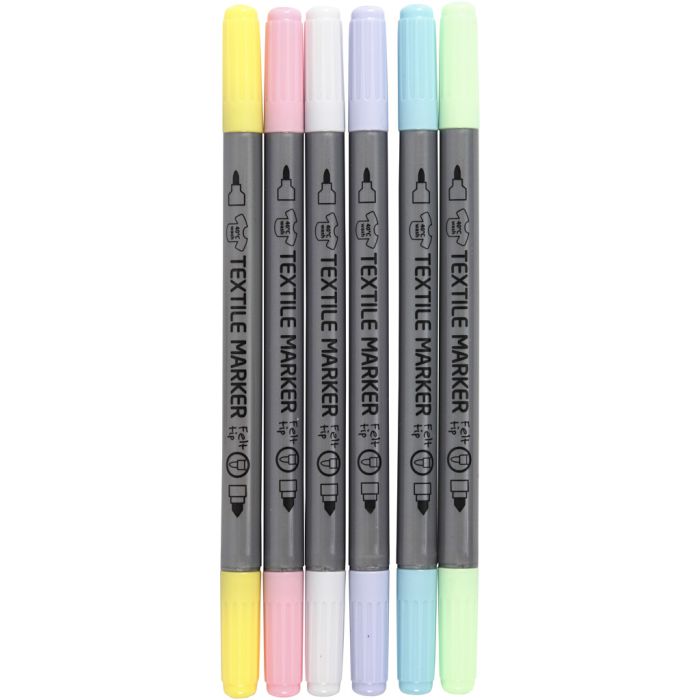 Tekstiltusjer, strek 2,3+3,6 mm, pastellfarger, 6 stk./ 1 pk.
