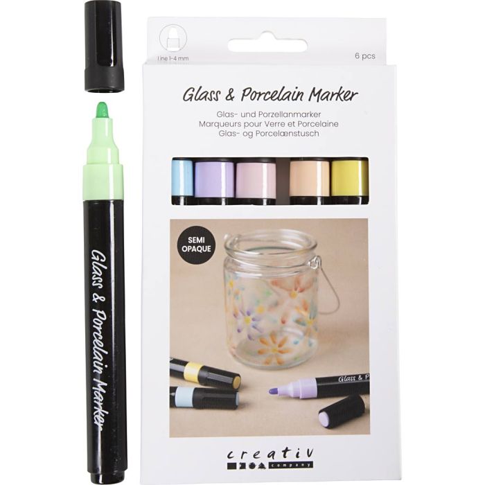 Glass- og porselenstusjer, strek 1-4 mm, semi opaque, pastellfarger, 6 stk./ 1 pk.