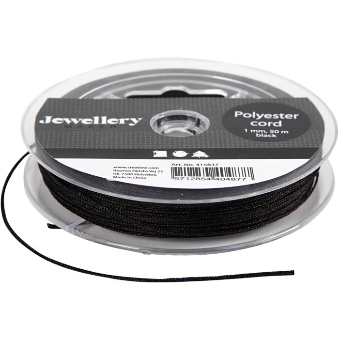 Polyester-snor, tykkelse 1 mm, svart, 50 m/ 1 rl.