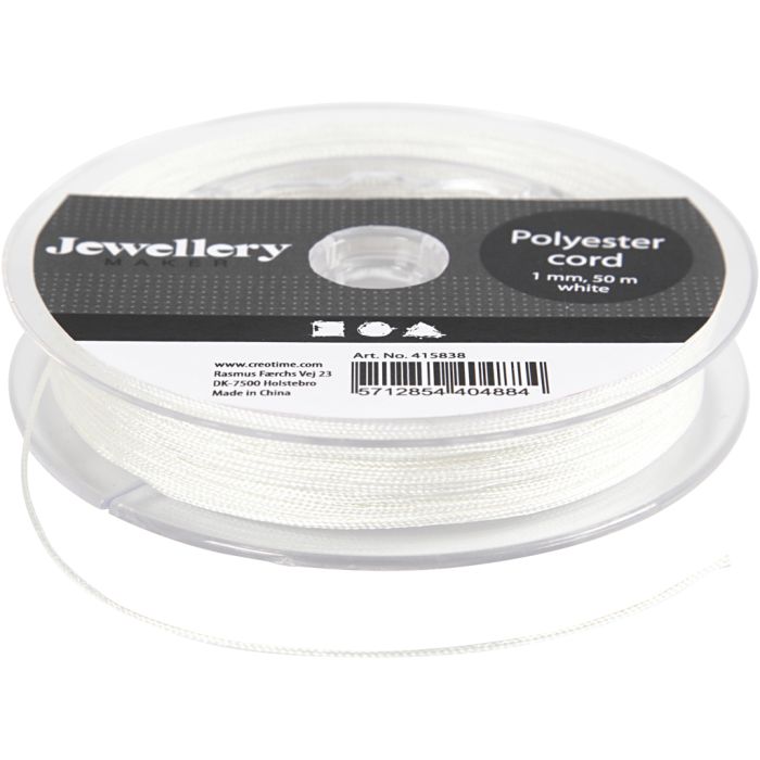 Polyester-snor, tykkelse 1 mm, hvit, 50 m/ 1 rl.