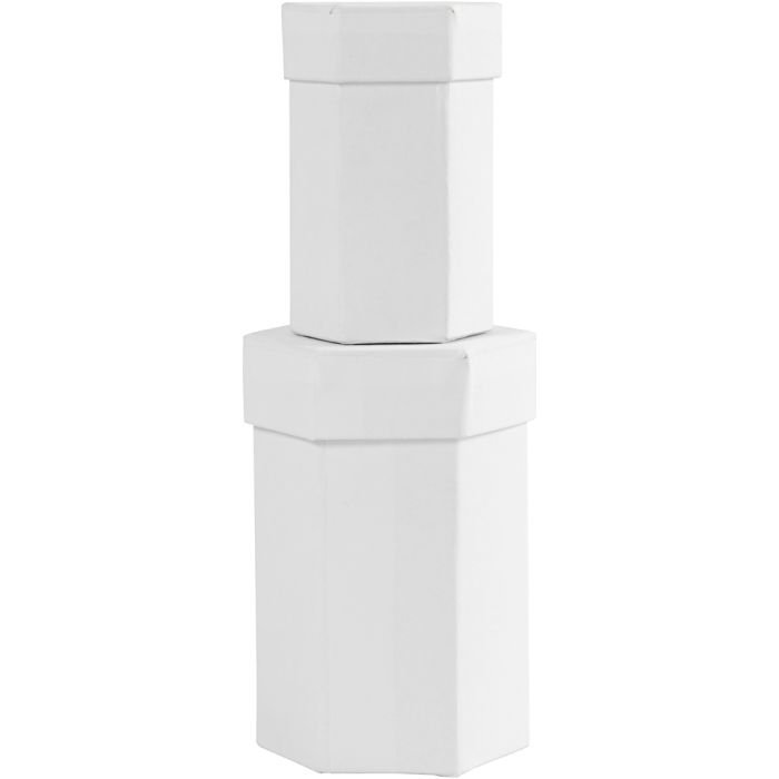 Sekskantede esker, H: 7+9 cm, str. 4,5+6 cm, hvit, 2 stk./ 1 sett