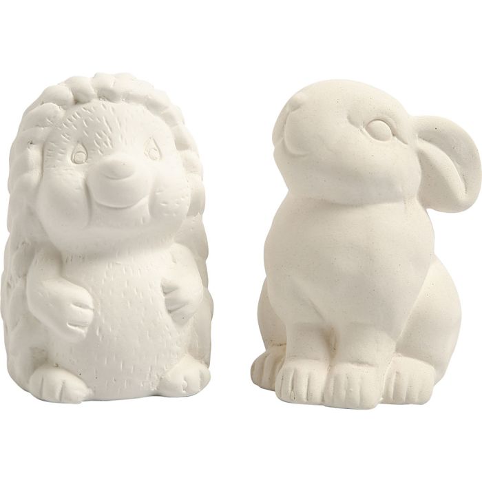 Sparebøsse, pinnsvin og hare, H: 10 cm, hvit, 2 stk./ 1 pk.