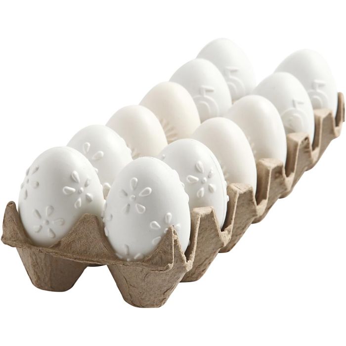 Egg, preget mønster, H: 6 cm, hvit, 12 stk./ 1 pk.