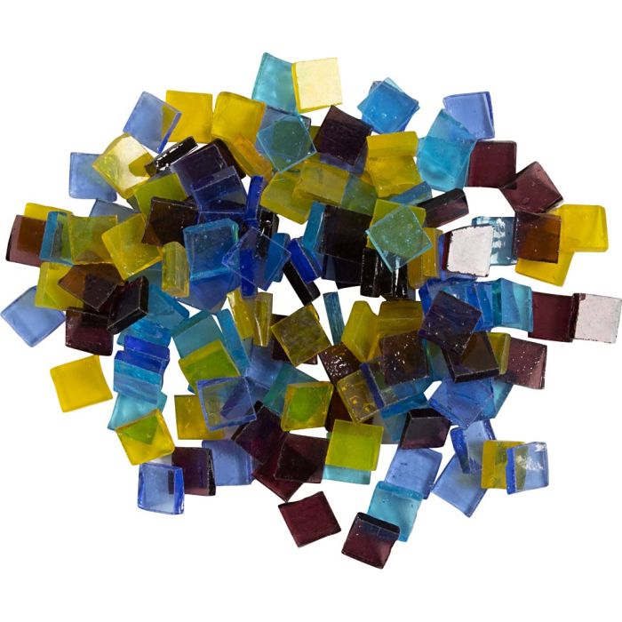 Glassmosaikk, str. 10x10 mm, tykkelse 3 mm, transparent, blå, lys blå, lilla, gul, 454 g/ 1 pk.