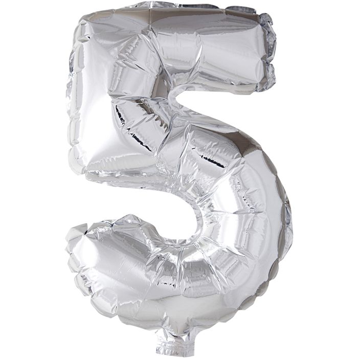 Folieballong, 5, H: 41 cm, sølv, 1 stk.