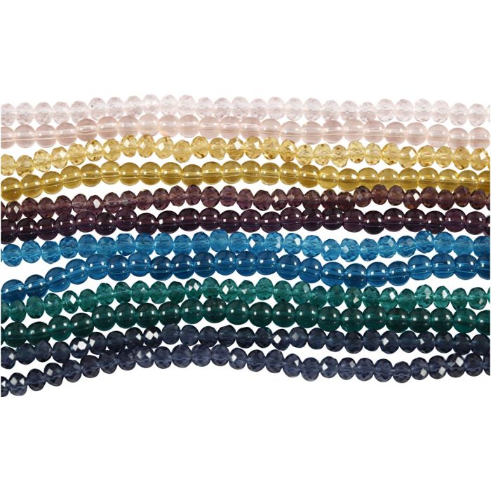 Glass- og facettperler, dia. 4 mm, hullstr. 1 mm, 12x45 stk./ 1 pk.