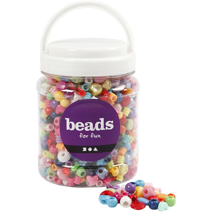 Plastperler, str. 6-20 mm, hullstr. 1,5-6 mm, ca. 1175 stk., 390 g, 700 ml/ 1 boks