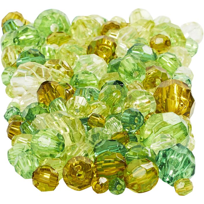 Facettperler, str. 4-12 mm, hullstr. 1-2,5 mm, ca. 860 stk., grønn glitter, 250 g/ 1 pk.