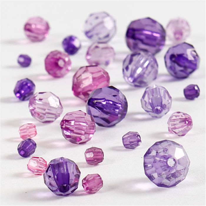 Facettperler, str. 4-12 mm, hullstr. 1-2,5 mm, ca. 170 stk., lilla, 45 g/ 1 pk.