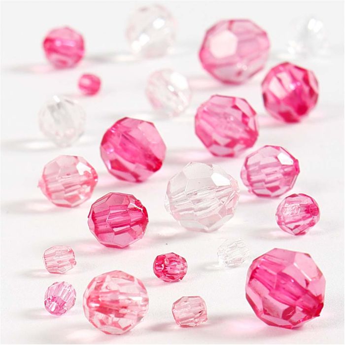 Facettperler, str. 4-12 mm, hullstr. 1-2,5 mm, ca. 170 stk., pink, 45 g/ 1 pk.