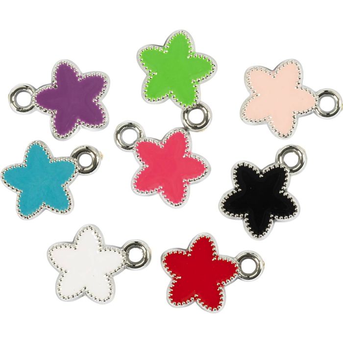 Sølvcharms, stjerne, ass. farger, 8 stk./ 1 pk.
