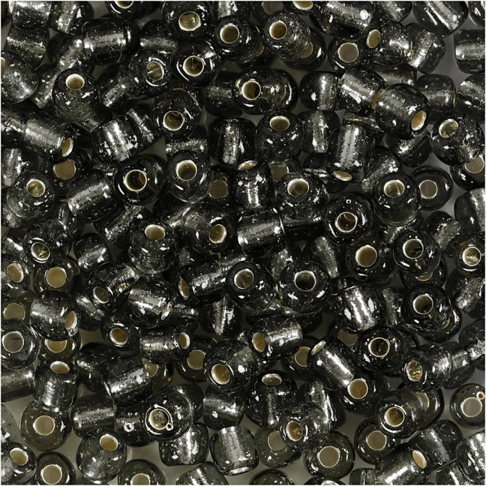 Rocaillesperler, dia. 4 mm, str. 6/0, hullstr. 0,9-1,2 mm, klar grå, 25 g/ 1 pk.