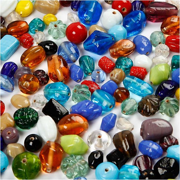 Glassperler, str. 7-18 mm, hullstr. 1 mm, ca. 600 stk., ass. farger, 1000 g/ 1 pk.