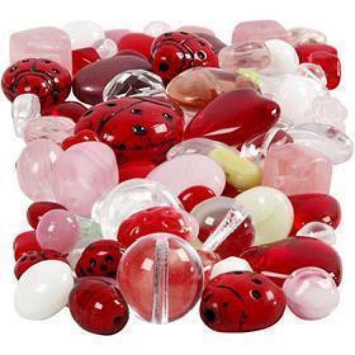 Glassperler, marihøner, blad, hjerter, str. 5-22 mm, hullstr. 0,5-1,5 mm, ass. farger, 60 g/ 1 pk.