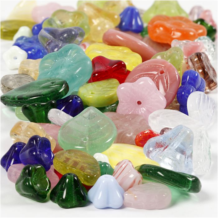 Glassperler, blad, blomster, dia. 6-17 mm, hullstr. 0,5-1,5 mm, ass. farger, 60 g/ 1 pk.