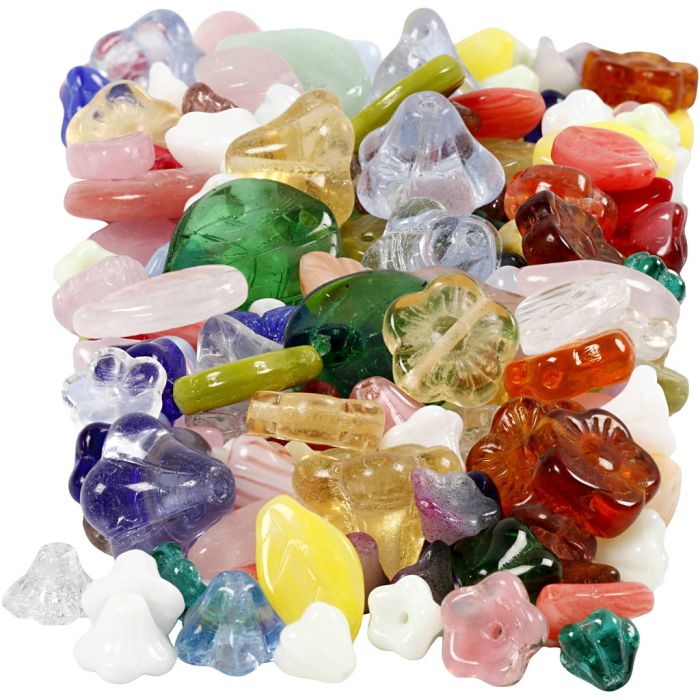 Glassperler, blad, blomster, dia. 6-17 mm, hullstr. 0,5-1,5 mm, ass. farger, 350 g/ 1 pk.