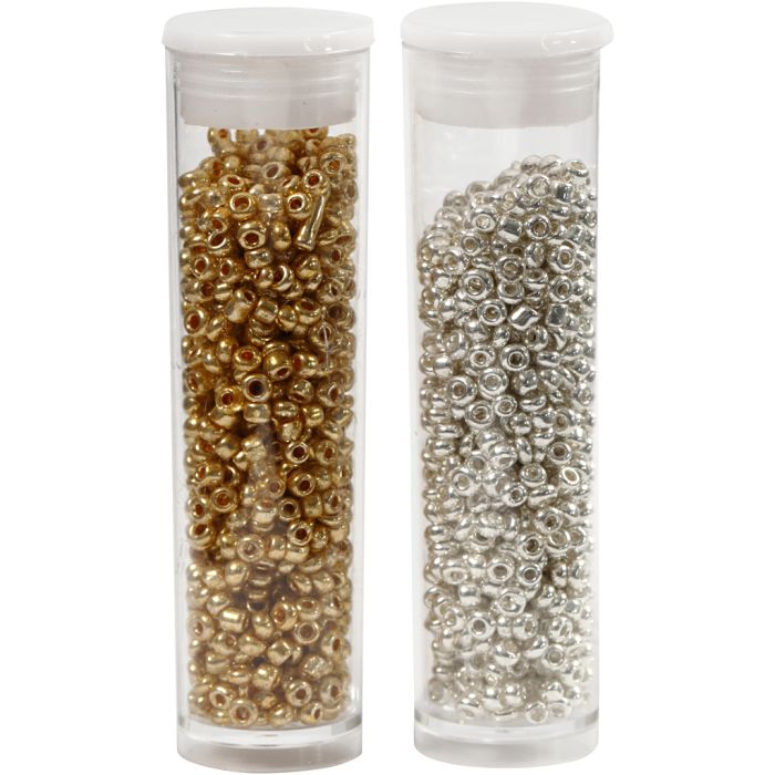 Rocaillesperler, dia. 1,7 mm, str. 15/0, hullstr. 0,5-0,8 mm, gull, sølv, 2x7 g/ 1 pk.