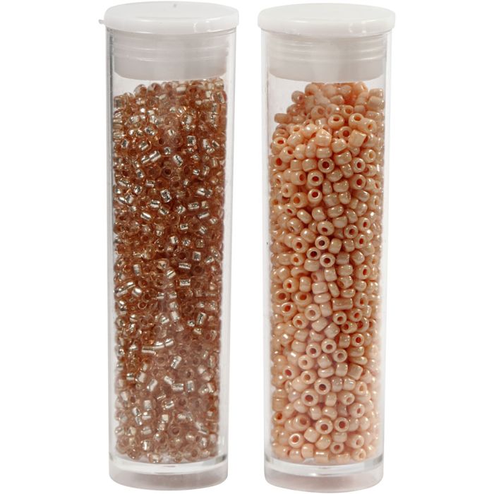 Rocaillesperler, dia. 1,7 mm, str. 15/0, hullstr. 0,5-0,8 mm, fersken, lys fersken, 2x7 g/ 1 pk.